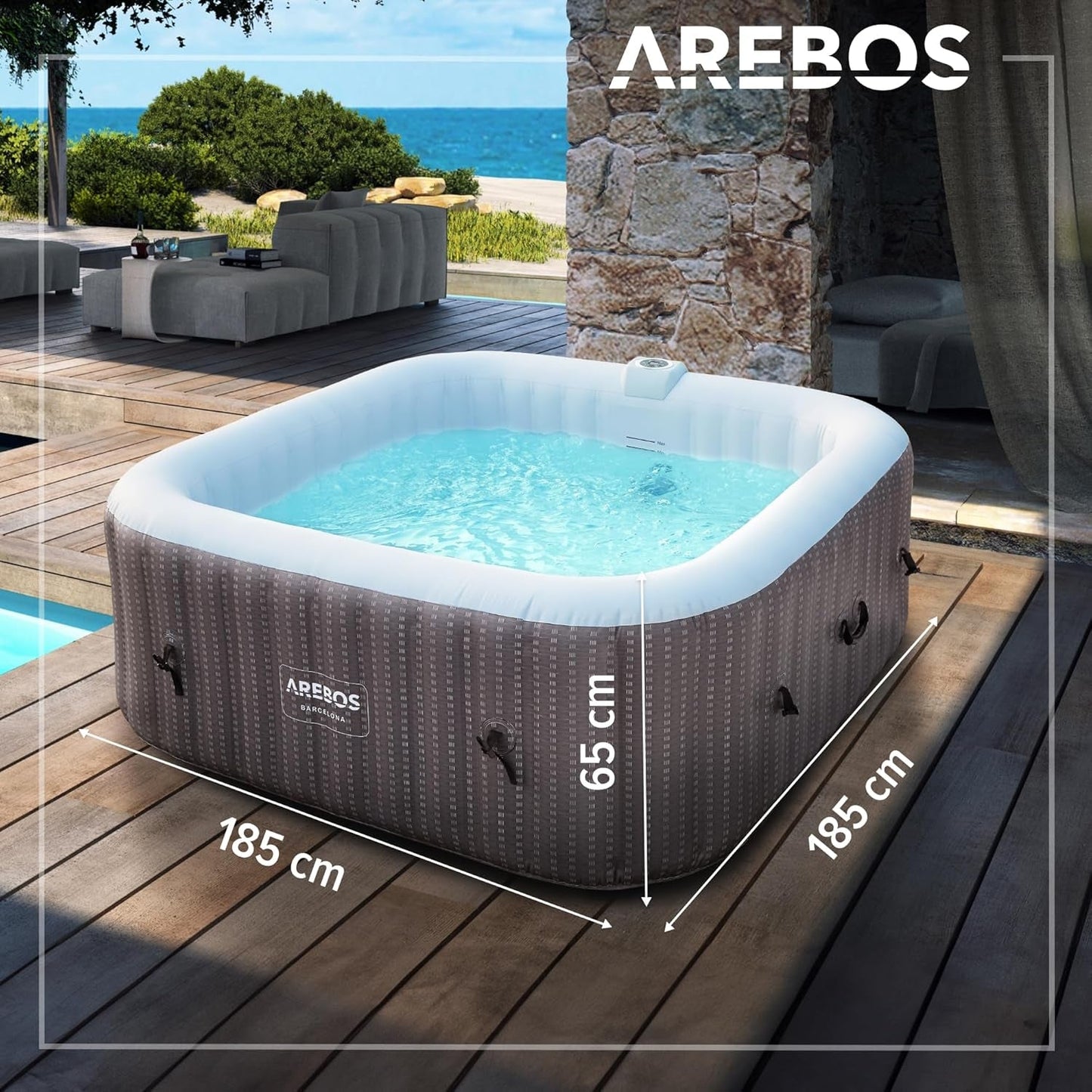 Arebos Spa Whirlpool 2400W | In-Outdoor Pool | Für 6 Personen 185X185Cm | 130 Massagedüsen | 910 L Mit Heizung | Aufblasfunktion per Knopfdruck | Inkl. Abdeckung | Bubble Spa & Wellness Massage