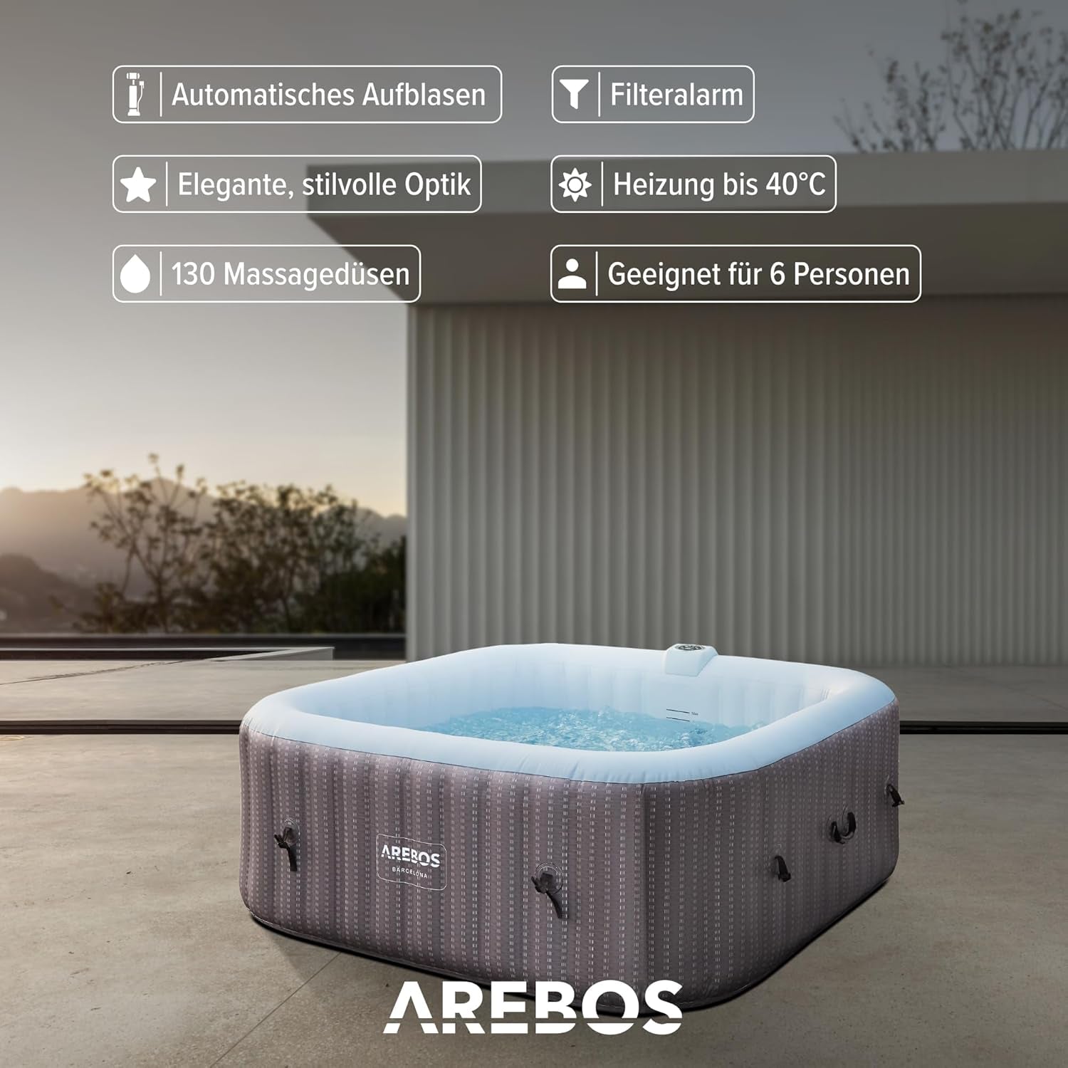 Arebos Spa Whirlpool 2400W | In-Outdoor Pool | Für 6 Personen 185X185Cm | 130 Massagedüsen | 910 L Mit Heizung | Aufblasfunktion per Knopfdruck | Inkl. Abdeckung | Bubble Spa & Wellness Massage