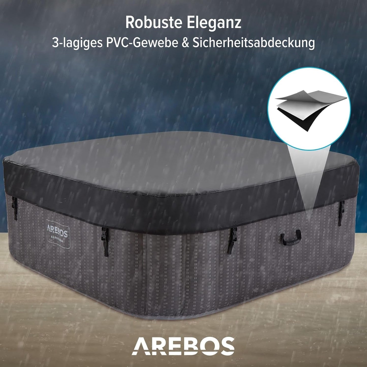 Arebos Spa Whirlpool 2400W | In-Outdoor Pool | Für 6 Personen 185X185Cm | 130 Massagedüsen | 910 L Mit Heizung | Aufblasfunktion per Knopfdruck | Inkl. Abdeckung | Bubble Spa & Wellness Massage
