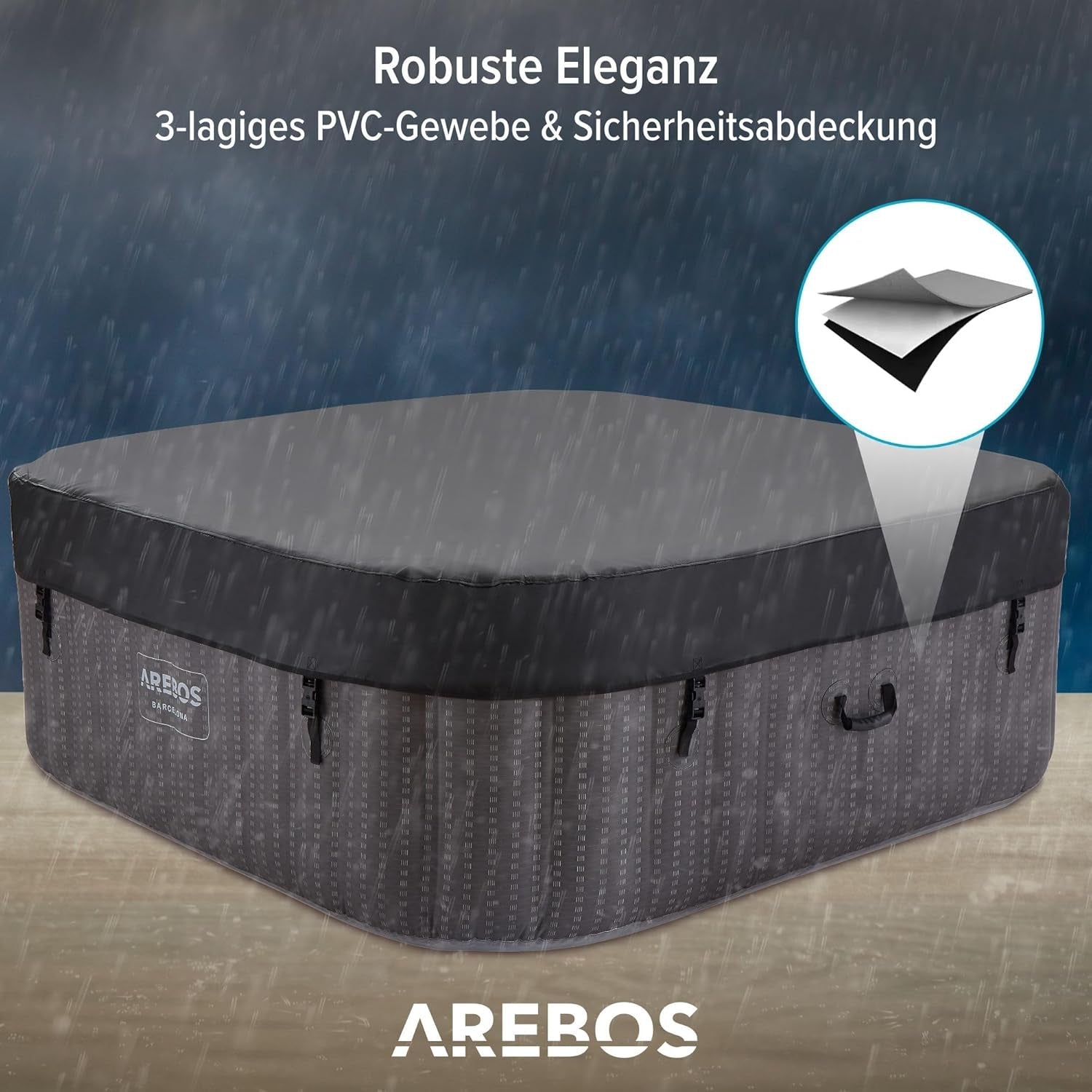 Arebos Spa Whirlpool 2400W | In-Outdoor Pool | Für 6 Personen 185X185Cm | 130 Massagedüsen | 910 L Mit Heizung | Aufblasfunktion per Knopfdruck | Inkl. Abdeckung | Bubble Spa & Wellness Massage