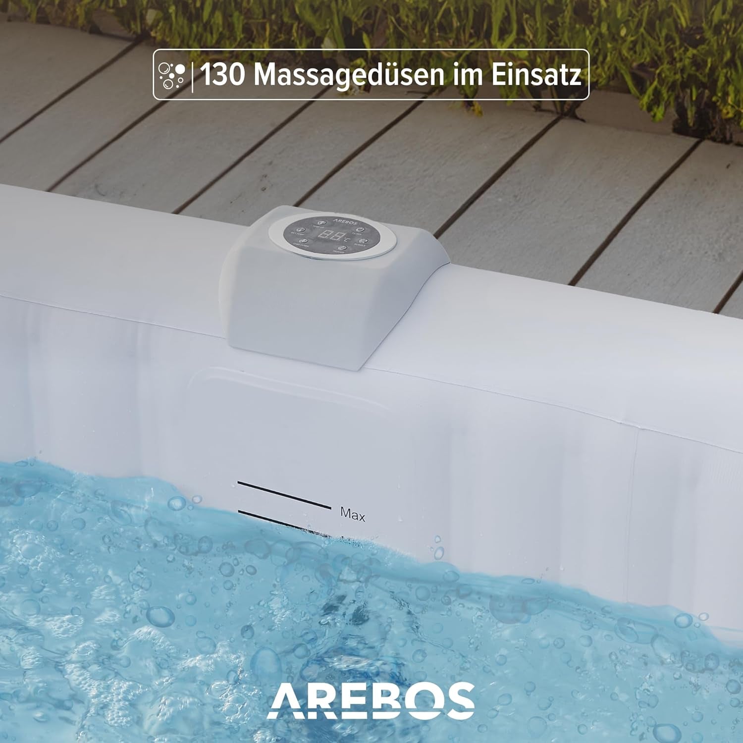 Arebos Spa Whirlpool 2400W | In-Outdoor Pool | Für 6 Personen 185X185Cm | 130 Massagedüsen | 910 L Mit Heizung | Aufblasfunktion per Knopfdruck | Inkl. Abdeckung | Bubble Spa & Wellness Massage