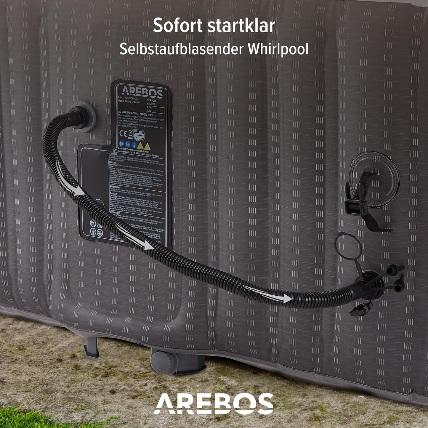 Arebos Spa Whirlpool 2400W | In-Outdoor Pool | Für 6 Personen 185X185Cm | 130 Massagedüsen | 910 L Mit Heizung | Aufblasfunktion per Knopfdruck | Inkl. Abdeckung | Bubble Spa & Wellness Massage