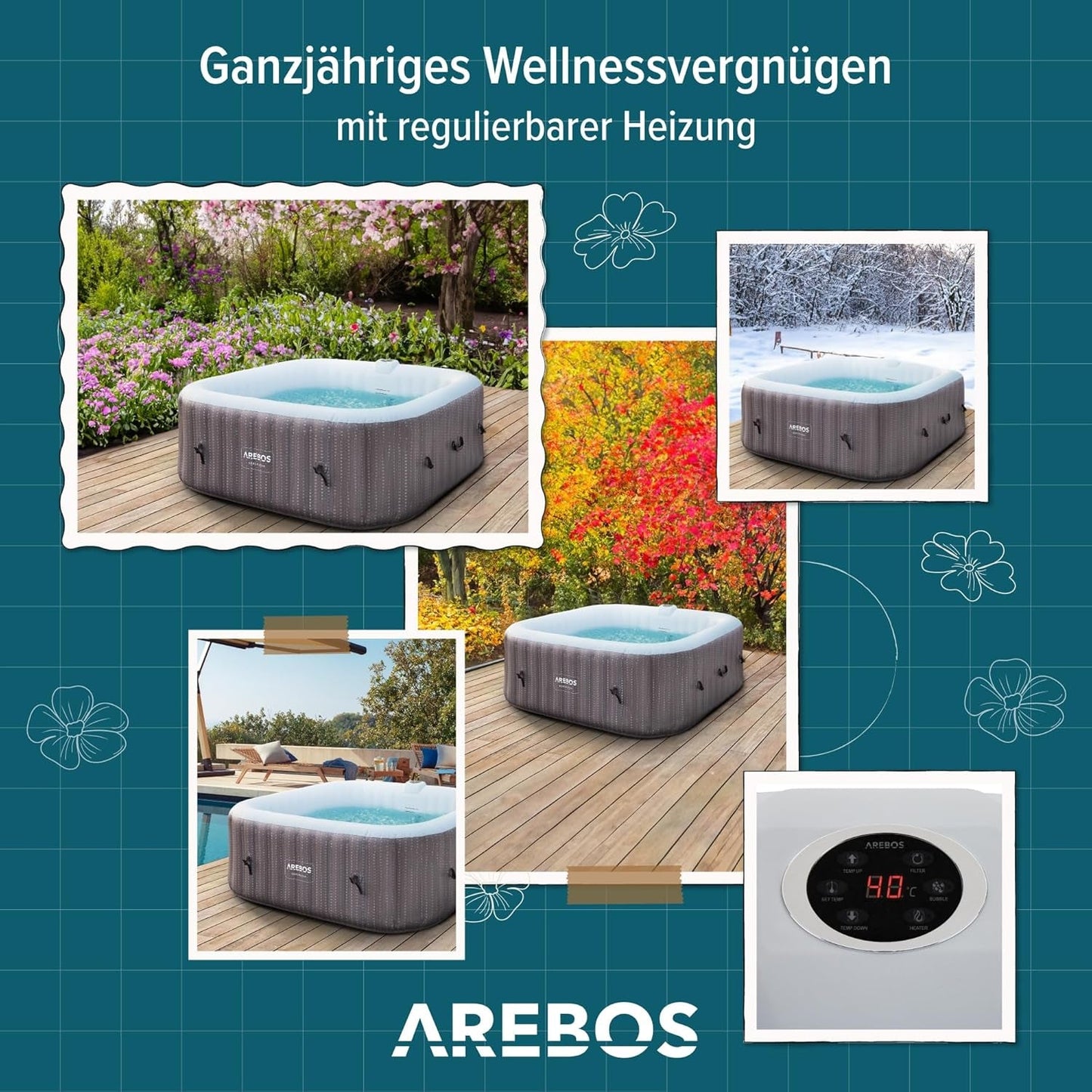 Arebos Spa Whirlpool 2400W | In-Outdoor Pool | Für 6 Personen 185X185Cm | 130 Massagedüsen | 910 L Mit Heizung | Aufblasfunktion per Knopfdruck | Inkl. Abdeckung | Bubble Spa & Wellness Massage
